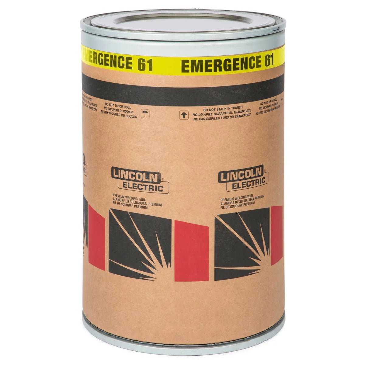 The Lincoln ED035980 Lincolnweld Emergence 61 SAW Welding Wire, 1/8 in, 1000 lb Speed Feed Drum comes in a large cylindrical cardboard container with metal ends and angular black/red graphics—ideal for low carbon or pipe mill welding.