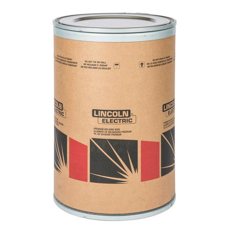 A large cylindrical cardboard drum with metal rims, labeled Lincoln Electric and geometric red/black designs, contains Lincoln ED036375 Lincolnweld Emergence 90 Submerged Arc SAW Welding Wire, 5/32 in, 1000 lb Speed Feed Drum.