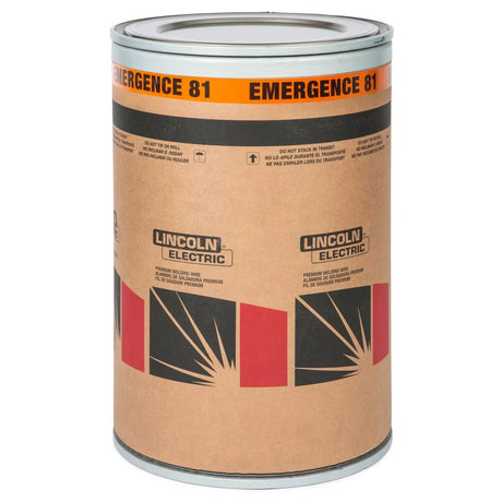 A large cylindrical drum with metal ends and a brown label reading Lincoln Electric and Lincolnweld Emergence 81. It holds 1000 lb of 1/8 in Submerged Arc SAW Welding Wire, model ED036506, accented by black and red geometric graphics.