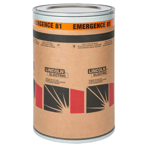 The Lincoln ED036507 Lincolnweld Emergence 81 SAW Welding Wire comes in a large brown 1000 lb Speed Feed drum with black and red graphics, a silver lid, and printed instructions—ideal for storing 5/32 in welding wire.