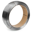 A 50 lb coil of Lincoln ED037313 Lincore 420HC-S 1/8 in SAW welding wire is neatly wound on a flat cardboard core, its smooth metallic surface gleaming against a plain white background and secured with thin ties.
