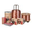 The Lincoln ED037953 Lincolnweld D18 Submerged Arc (SAW) Flux, 50 lb bag, is displayed on a white background alongside various Lincoln Electric welding wire and electrode packaging options like spools, coils, and boxes.