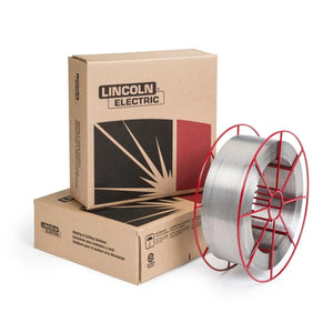 Lincoln ED038004 Red Max 308LSi MIG Stainless Steel Welding Wire spool with two Lincoln Electric boxes, welding supplies on white.