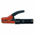 A close-up of the Lincoln EH-305HD Electrode Holder 300A (K909-7), featuring a black and red insulated grooved handle, lever, and clamp for welding rods, isolated on a white background.