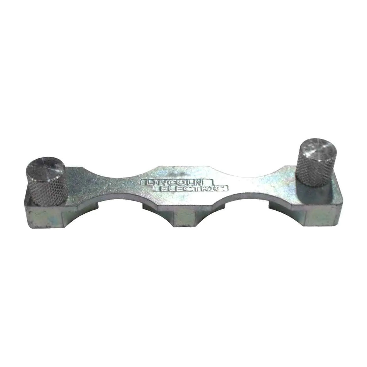 A silver metallic Lincoln Wire Guide Assembly Outer 4 Roll - KP2071-1 gauge tool with two knurled adjustment knobs, central engraved branding, and three rounded cutouts for measuring cable sizes—perfect for wire guide assembly use.
