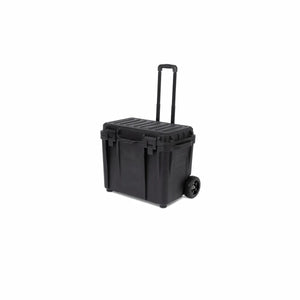 Lincoln Elevate SLi Battery Welder K5622-1 with durable rolling case, telescoping handle, sturdy wheels on white background.