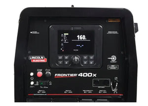 Lincoln Frontier 400X welder control panel close-up with buttons, knobs, ports, and digital display—Kubota engine welding equipment.