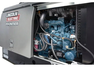 Lincoln Frontier 400X welder internal components with exposed wires, pipes, and engine parts in open metal casing at WeldingMart.