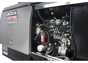 Lincoln Frontier 400X Perkins welder generator demo with open side panel showing internal welding equipment and advanced technology.