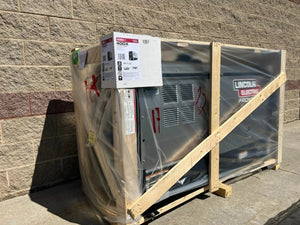 Lincoln Frontier 400X Perkins Low Hour welder demo with Razor 400X box, factory-secured, onsite at WeldingMart by brick wall.