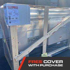 Lincoln Frontier 400X Pipe Engine Welder Kubota U3485-2 crated outdoors, Free Cover With Purchase sign for WeldingMart buyers.