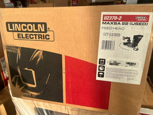 Lincoln Electric MAXsa 22 Feed Head U2370-2 used welding equipment box, barcode, date, and product image for hard automation.