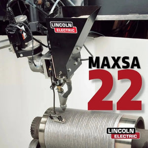 Lincoln MAXsa 22 Feed Head U2370-2 welding machine uses submerged arc wires on cylinder; Lincoln Electric branding visible.