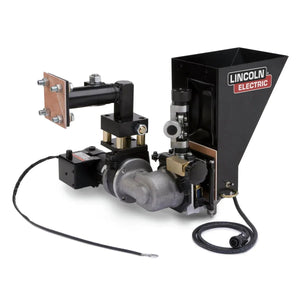 Lincoln MAXsa 22 Feed Head U2370-2 wire feeder for submerged arc welding, with black hopper, cables, and mounted components.