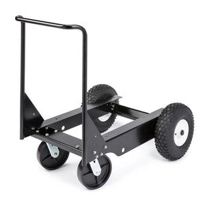 The Lincoln Factory Undercarriage K3589-1 is a black metal portable cart with a flat frame, two large rear rubber wheels, two front caster wheels, and an upright handlebar. Shown empty against a white background; perfect for factory undercarriage tasks.