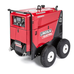 A red Lincoln Electric Ranger 330MPX engine drive generator/welder with four large black wheels, control panel, Factory Undercarriage K3589-1, and LINCOLN ELECTRIC branding—rugged design for mobile use on tough job sites.