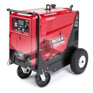 A Lincoln Factory Undercarriage K3589-1 is shown with handles, large wheels, and a control panel for portability. The brand and model are visible on the side. The unit is photographed against a white background.