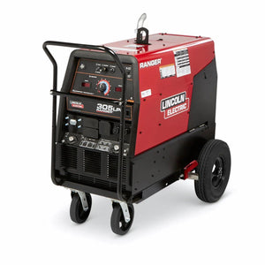 A red and black Lincoln Electric Ranger 305 LPG welder-generator is mounted on a Lincoln Factory Undercarriage (Pneumatic) K1770-2 with control knobs, dials, outlets, and a handlebar, shown on a plain white background.