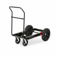 The Lincoln Factory Undercarriage with Flat-Free Tires K1770-3 is a black metal cart with a tall handle, two swiveling front casters, and two large rear flat-free tires. Its open rectangular base is shown empty against a white background.