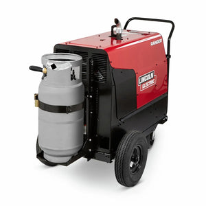 A Lincoln Factory Undercarriage with Flat-Free Tires K1770-3, featuring a handle, side ventilation grills, and a large gray propane tank mounted at the front; designed for easy mobility with flat-free wheels and durable construction.