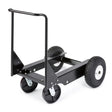 The Lincoln Factory Undercarriage with Flat-Free Tires K3589-4 is a black metal portable cart with a rectangular base, upright handle, sturdy rear flat-free tires, and front swivel casters—perfect for moving heavy loads over different surfaces.