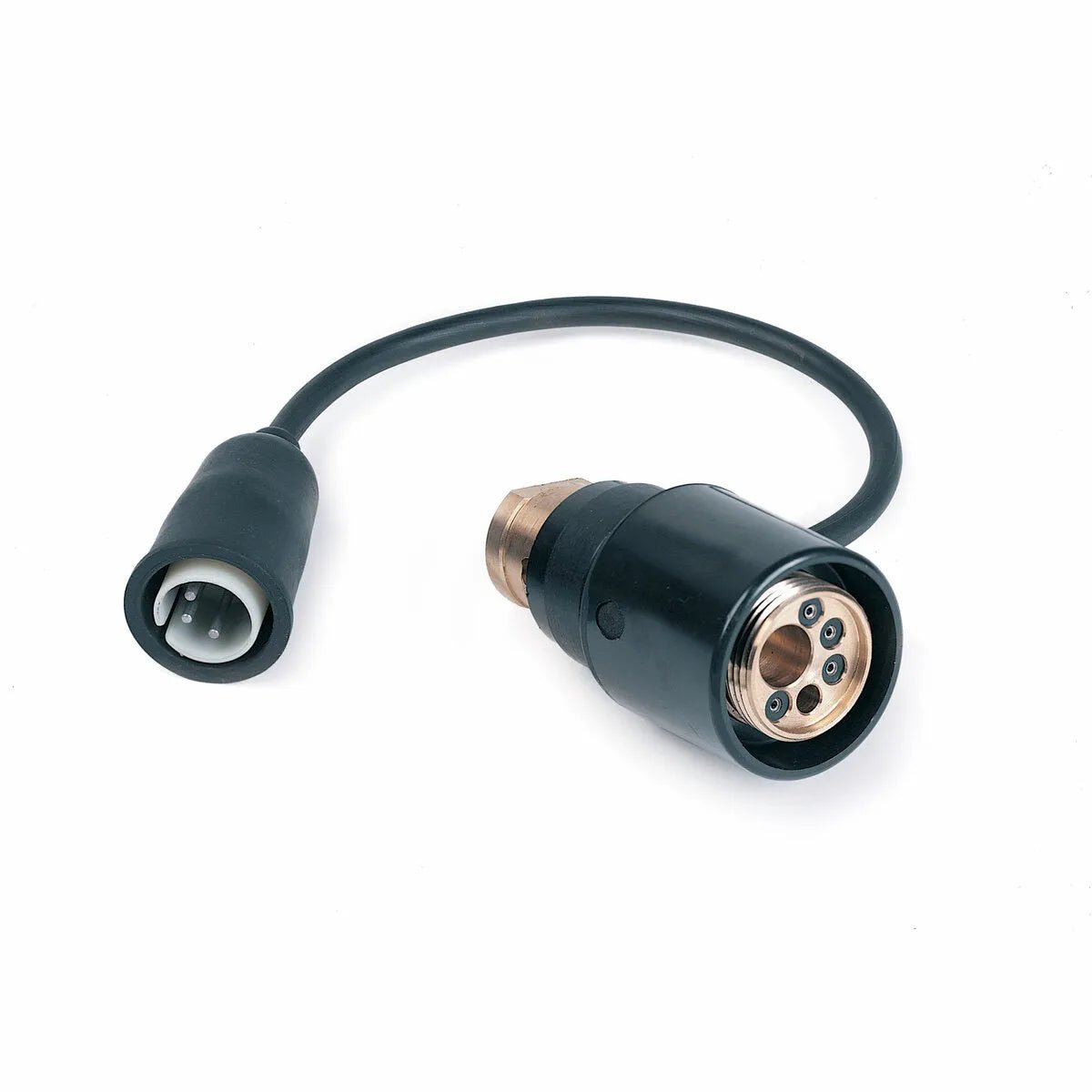 The Lincoln FAST-MATE Adapter Kit 10 Series Feeders K489-7 is a black electrical adapter cable with a round three-pin male connector and a large metallic multi-pin female connector, designed for use with Lincoln 10 Series wire feeders or welding guns.