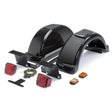 The Lincoln Fender and Light Kit for Welder Trailers K2639-1 includes two glossy black fenders with built-in steps, red rectangular tail lights, orange marker lights, wiring harness, and mounting brackets arranged on a white background.