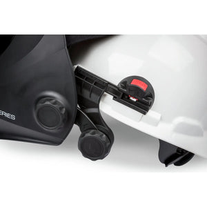 Lincoln FGS 3250D Slotted Hard Hat Adapter KP3707-1 on helmet, with black knobs, for welding helmets and PPE accessories.