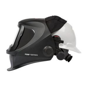 Lincoln FGS 3250D Slotted Hard Hat Adapter KP3707-1 on helmet with face shield and respirator for welding safety accessories.