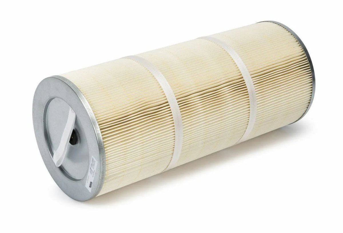 The Lincoln FILTER CARTRIDGE FOR STATIFLEX FILTER BANK MERV 16 KP3369-1 is a large cylindrical air filter with pleated beige media, gray metal end caps, two white straps, a front handle for easy removal, and MERV 16 high filtration efficiency.
