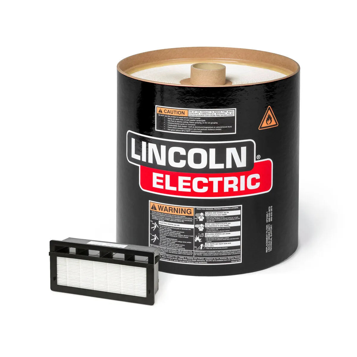 A large black Lincoln Filter One-Pak cylinder sits beside a rectangular X-TractorMini - KP2390-5 HEPA filter, both labeled and displayed on a white background.