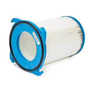 A cylindrical polyester filter cartridge with pleated white material, blue plastic end caps, and a black rubber gasket, shown lying on its side against a white background.