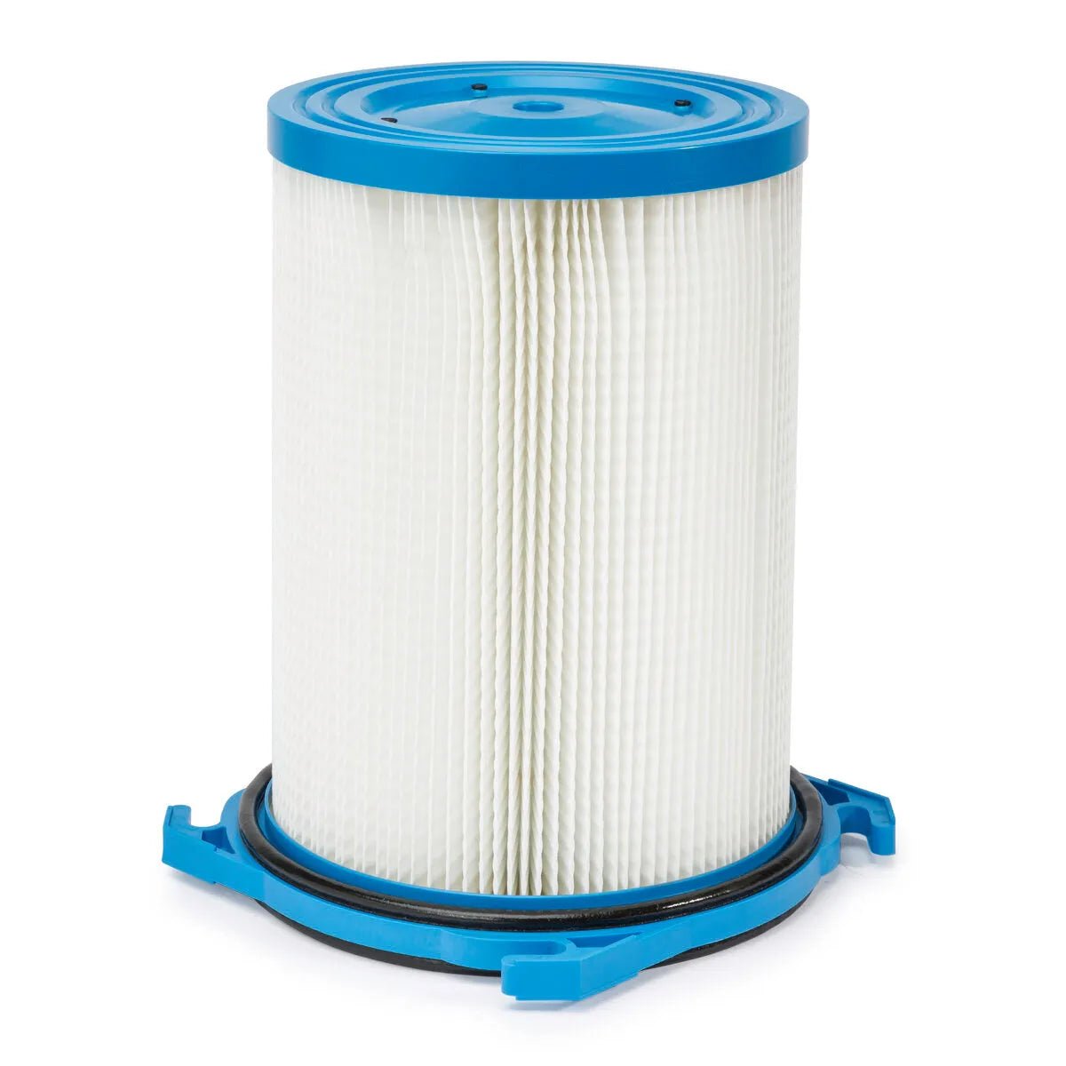 A cylindrical polyester filter cartridge with pleated white material, blue plastic end caps, and a rubber gasket, standing upright on a white background. Ideal for use in systems like the X-Tractor 1 or with a fume gun.