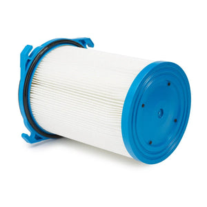 A cylindrical polyester filter cartridge with blue plastic end caps and white pleated filter material, compatible with X-Tractor 1 systems, shown lying on its side against a white background.