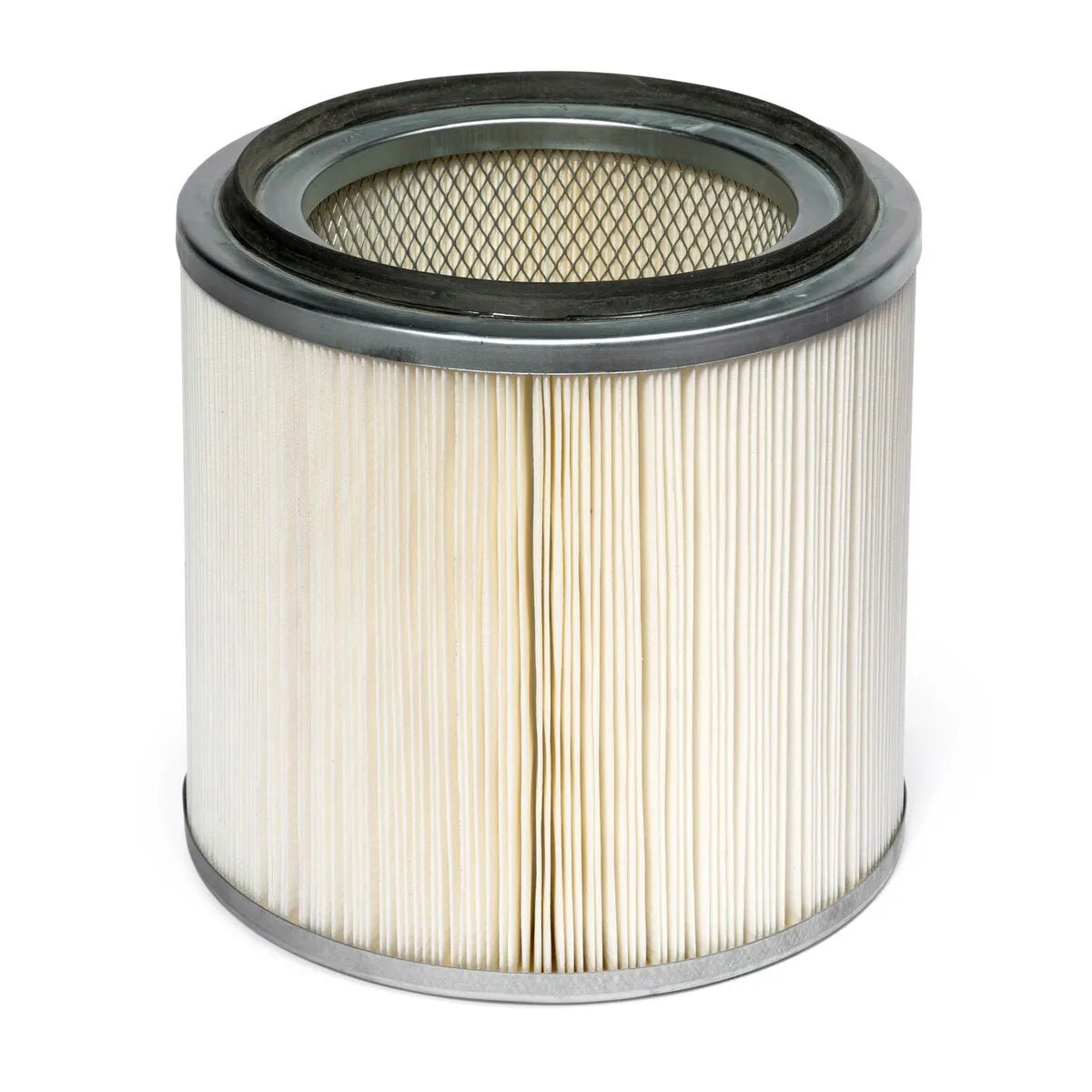 The Lincoln Filter for X-Tractor 4 Fume Gun - KP2061-1 is a cylindrical replacement filter with pleated white paper, silver metal end caps, and a visible mesh inner layer, shown upright. Compatible with air purification or HVAC systems.
