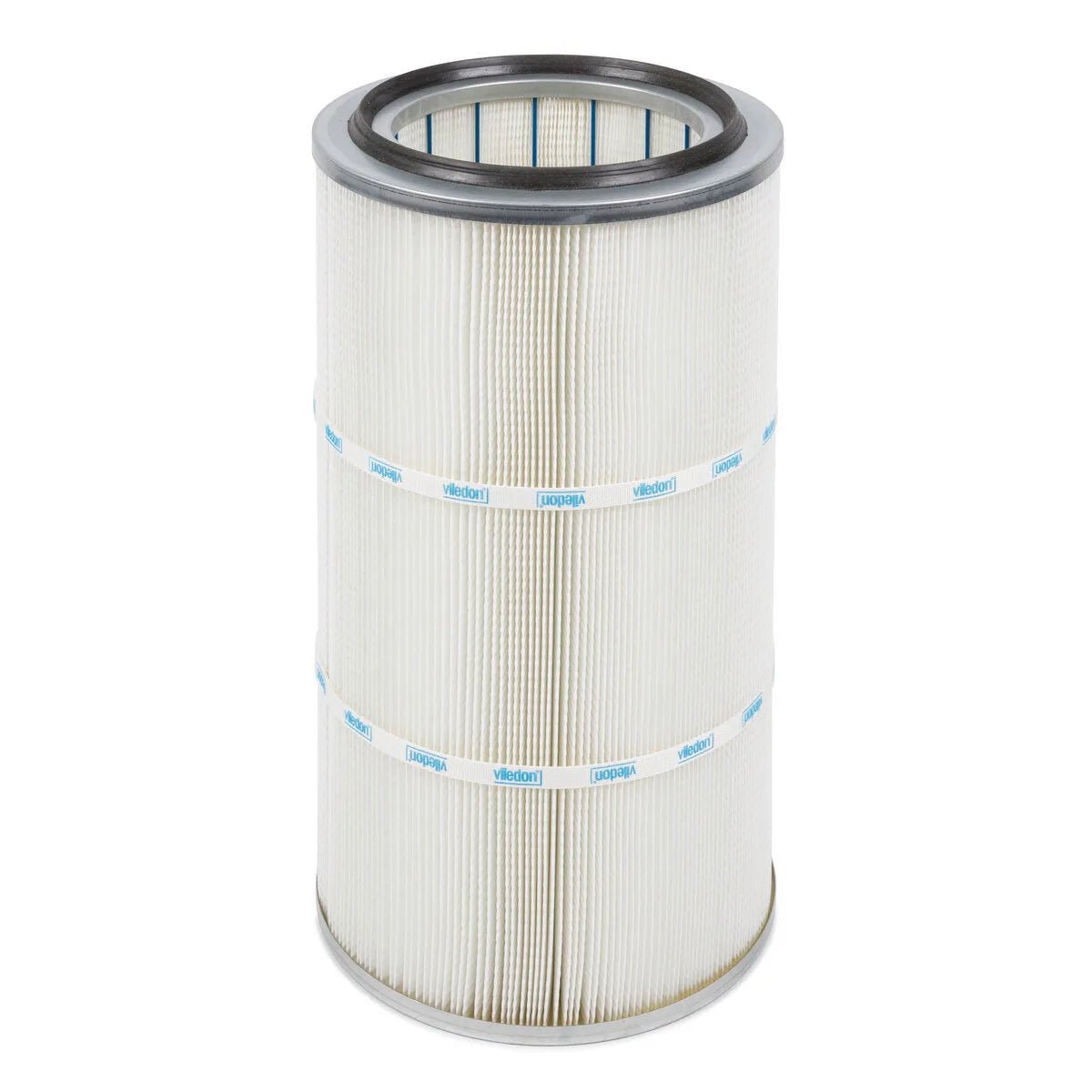 The Lincoln Filter for X-Tractor 6 Fume Gun - KP3984-1 is a cylindrical industrial replacement filter with white pleated material, silver metal rims, and blue Viledon bands. It stands upright against a plain white background.