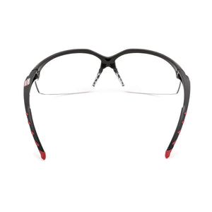 Lincoln Finish Line Clear Welding Safety Glasses K2966-1 with black frames, UV lenses, red tips—essential welding PPE.