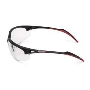 Lincoln Finish Line Clear Welding Safety Glasses K2966-1, anti-fog UV lenses, black/red frame, wraparound, Lincoln Electric logo.