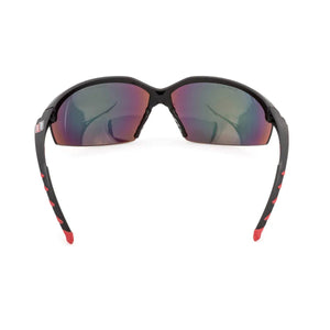 Lincoln Finish Line K2970-1 Welding Safety Glasses, black with red mirror UV lenses and red arms, for welders. White background.