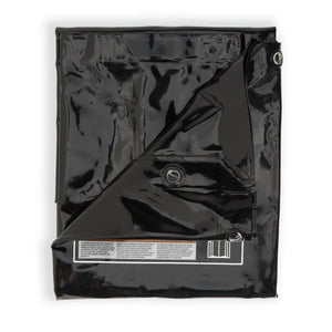 A dark green, glossy Lincoln Flame Retardant Vinyl Welding Screen/Curtain (6 x 6 ft., K4656-G) features metal grommets and a white-orange warning label, indicating flame retardancy and UV protection.