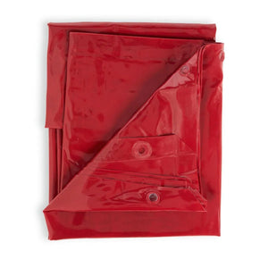 The Lincoln Flame Retardant Vinyl Welding Screen/Curtain 6 x 6 ft. Red (K4656-R) is folded neatly with visible layers and shiny reflections. Metal grommets at the corners are shown, set against a white background.