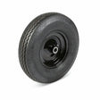 The Lincoln Flat-Free Tire Kit 14 in KP4927-1 features a black rubber tire with zigzag tread, mounted on a glossy black metal rim. Angled view shows the sidewall with embossed specs and tread pattern, set against a plain white background.