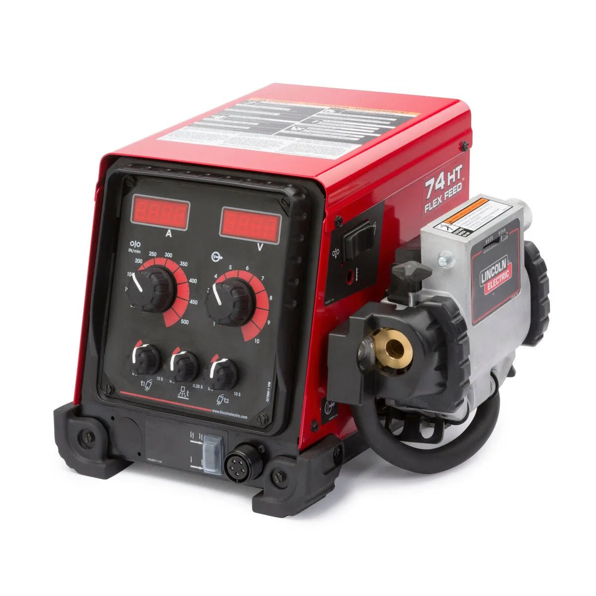 The Lincoln Flex Feed 74 HT Digital U/I, Gouge Kit K3883-4 is a heavy-duty industrial wire feeder with a digital display, control knobs, switches, and right-side wire drive—ideal for demanding welding applications.