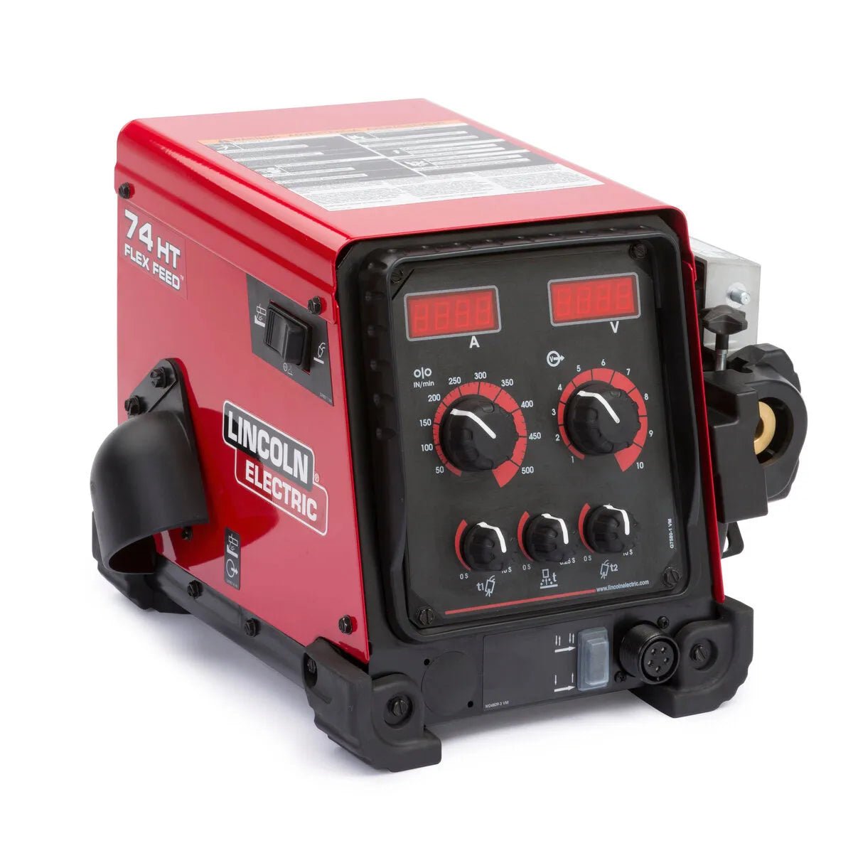 The Lincoln Flex Feed 74 HT Digital U/I, Gouge Kit K3883-4 features digital displays, multiple front panel controls, a right-side spool holder, and black protective corners—ideal for heavy-duty industrial use.