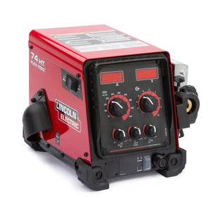 The Lincoln Flex Feed 74 HT Digital U/I, Gouge Kit K3883-4 features digital displays, multiple front panel controls, a right-side spool holder, and black protective corners—ideal for heavy-duty industrial use.