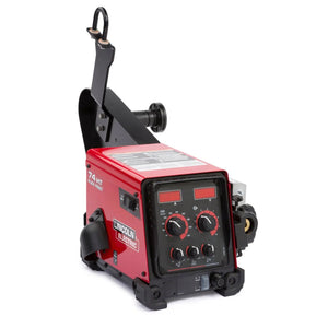 The Lincoln Flex Feed 74 HT Digital U/I, Heavy Duty Reel, Gouge Kit K3883-14 is a red semiautomatic wire feeder with black knobs, switches, digital interface labeled 7A HT, a black handle, and precise control dials for industrial welding.