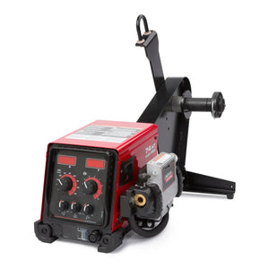 The Lincoln Flex Feed 74 HT Digital U/I, Hvy. Dty. Reel K3883-12 is a red and black heavy-duty wire feeder with control knobs, digital displays, side spool holder, connection ports, switches, and a robust metal frame for welding applications.
