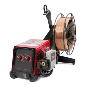 The Lincoln Flex Feed 74 HT Simple U/I Heavy Duty Reel K3883-11 is a red semiautomatic wire feeder machine with a black control panel, two red dials, display window, and large copper-colored wire spool on a black support arm; shown on white background.