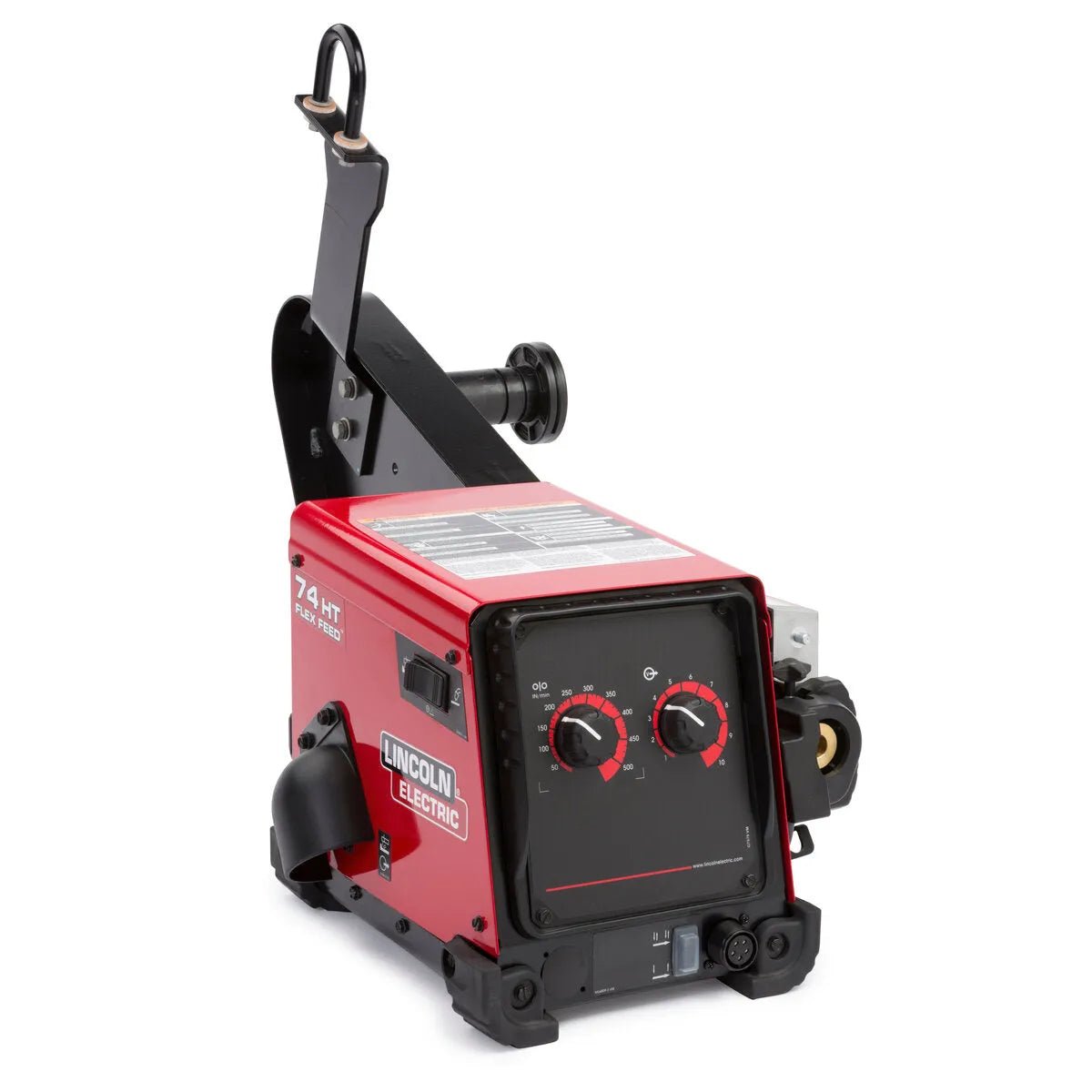 The Lincoln Flex Feed 74 HT Simple U/I, Hvy. Dty. Reel, Gouge Kit K3883-13 is a red semiautomatic wire feeder with a black panel featuring two dials, a top handle, wire spool side compartment, and sturdy base for industrial welding.