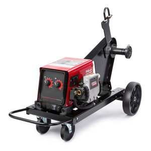The Lincoln Flex Feed 74 HT Simple U/I, Hvy. Dty. Reel, Gouge Kit K3883-13 is a portable welding machine with a red metal box, two control knobs, four wheels, an angled handle, spool holder, and a semiautomatic wire feeder for smooth wire delivery.